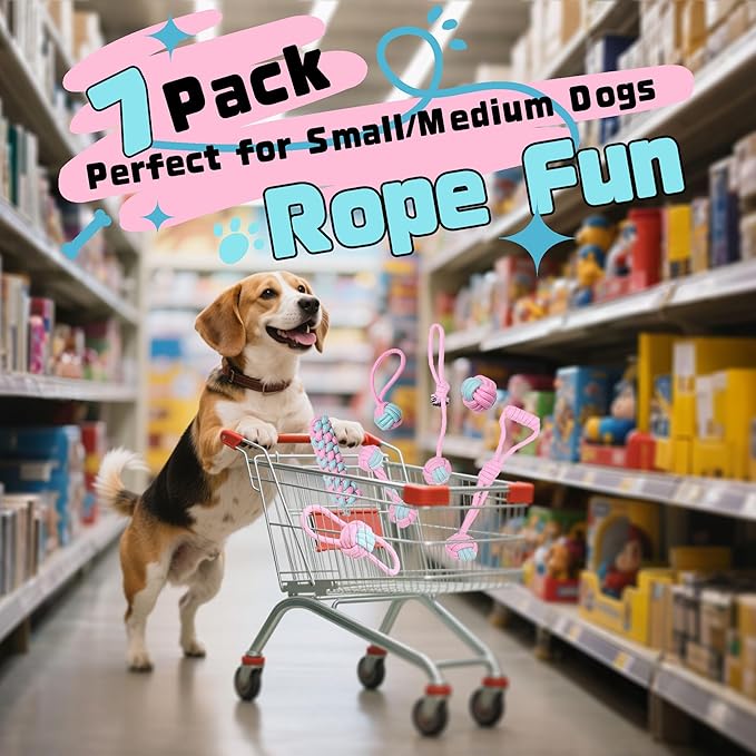 7 Pack Dog Rope Toys, Interactive Tough Chew Toys for Small and Medium Dogs, Clean Teeth and Relieve Boredom, Tug of War, Aggressive Chewers, Cotton Rope Knot Puppy Dental Toy, Pink