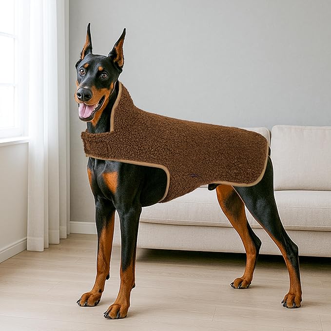 cyeollo Warm Dog Coat Fleece Sherpa Winter Sweater Coats, Turtleneck Dog Jacket Vest for Medium Large Big Dogs with Leash Hole, Soft Reversible Pet Coats for Cold Weather, Brown, XXXL