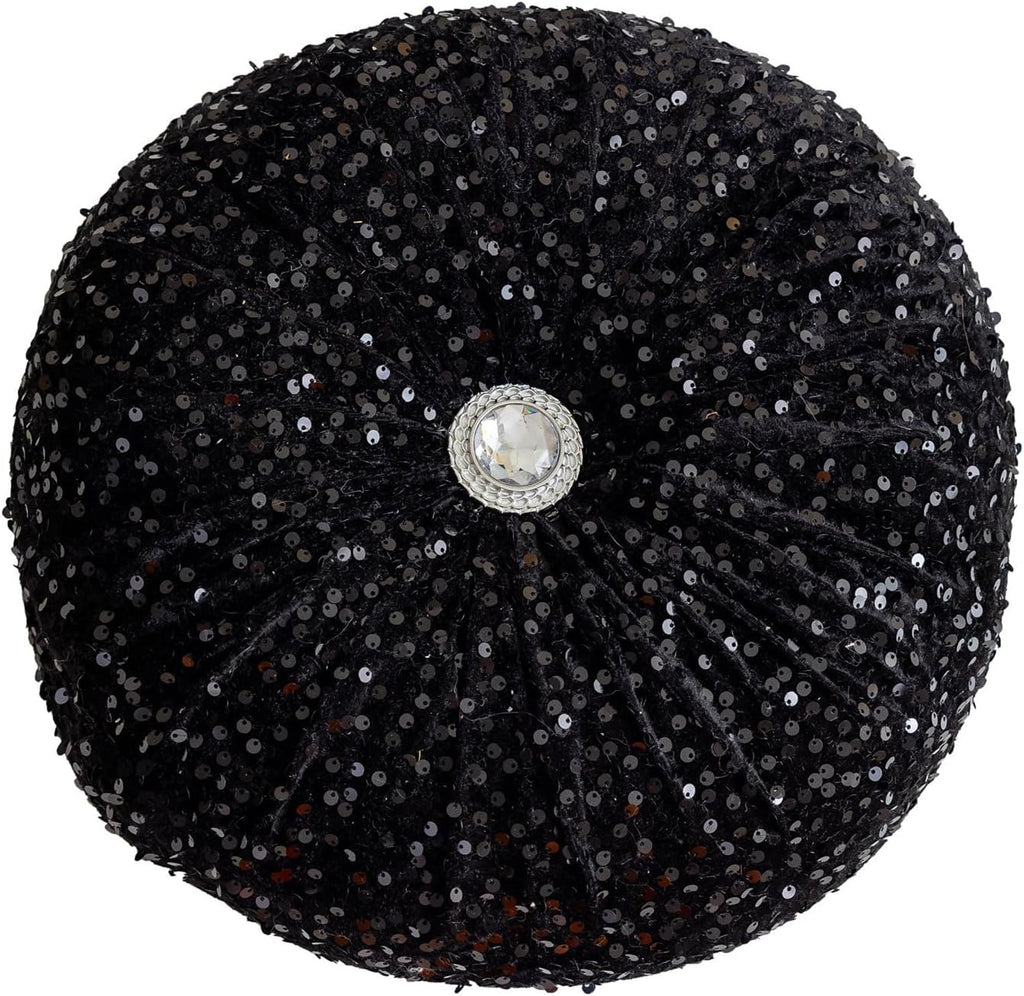 Round Throw Pillow, 13.7" Soft Glitter Sequin Pleated Pumpkin Decorative Round Pillow Circle Floor Pillow Cushions for Sofa Bed Chair Living Room Floor Home Decoration, Black