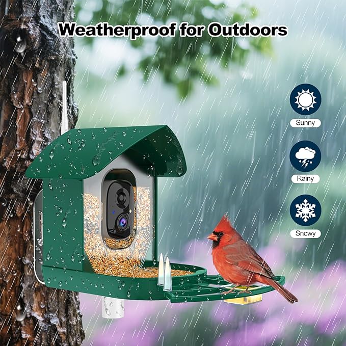Bird Feeder with Camera,AI Identify Birds Species,FHD WiFi Outdoor Smart Bird Feeder Camera with Solar Powered,Real-Time Notice,Auto Record,IP65 Weatherproof Birds House with Cam,Ideal Gift for Family