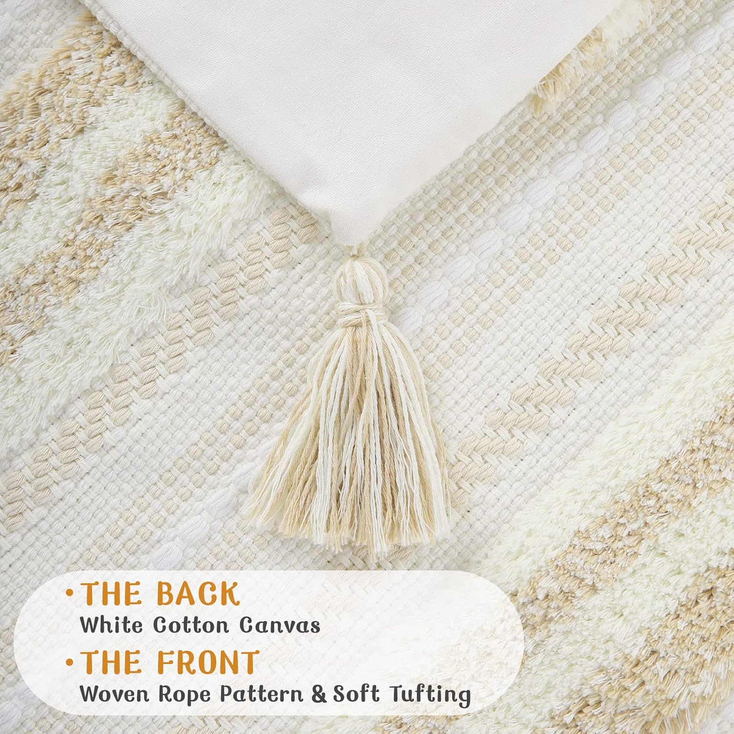 decorUhome Decorative Boho Throw Pillow Covers 12x20 Set of 2, Lumbar Accent Neutral Textured Tufted Pillow Covers Striped for Couch Bed Sofa Living Room, Khaki and Cream White