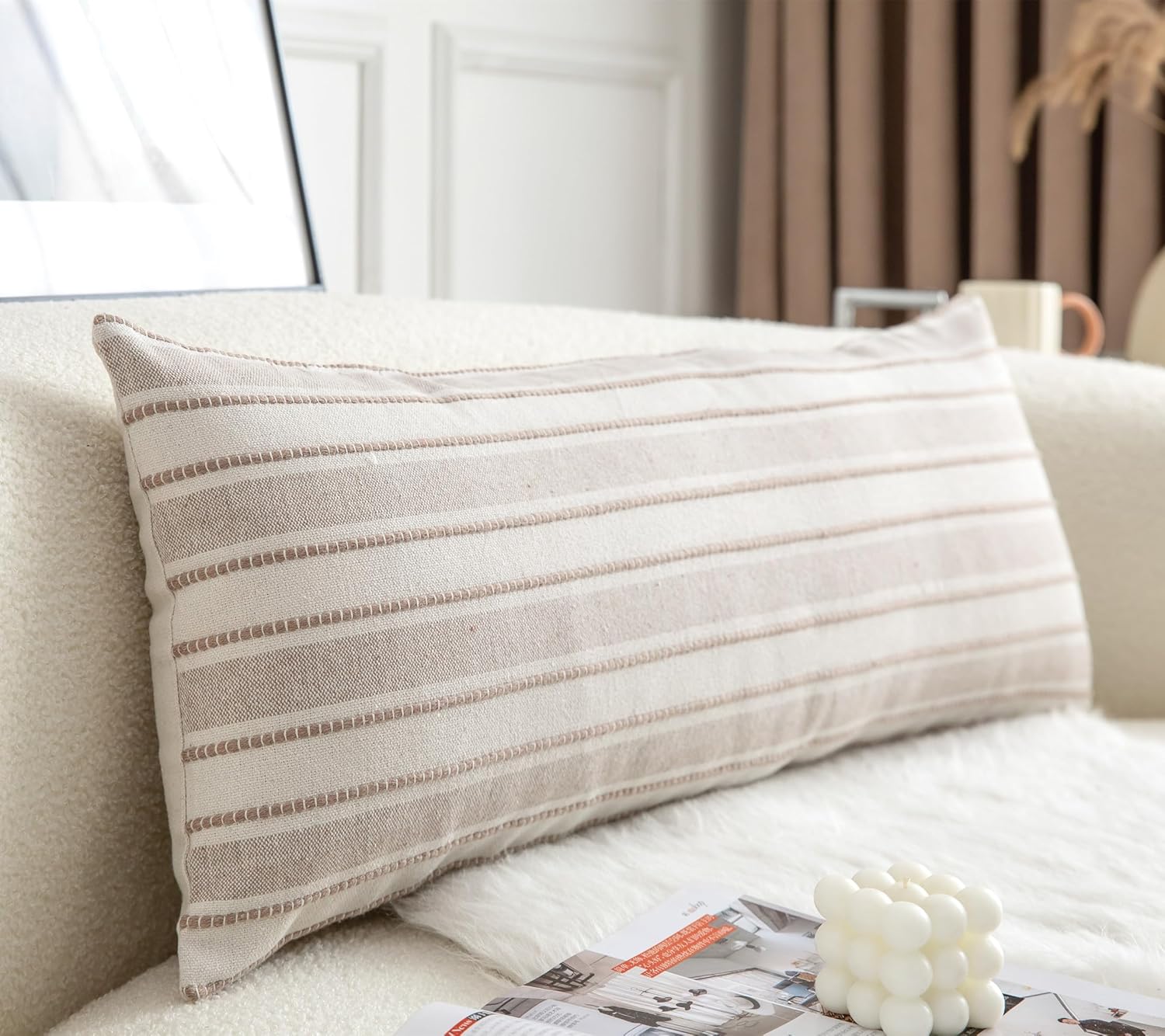 Decorative Boho Lumbar Pillow Covers, Modern Farmhouse Couch Pillowcase, 14 x 36 Long Accent Body Throw Pillow Covers, Sofa Bed Living Room Decor Cushion Case, Taupe and Beige, Pack of 1