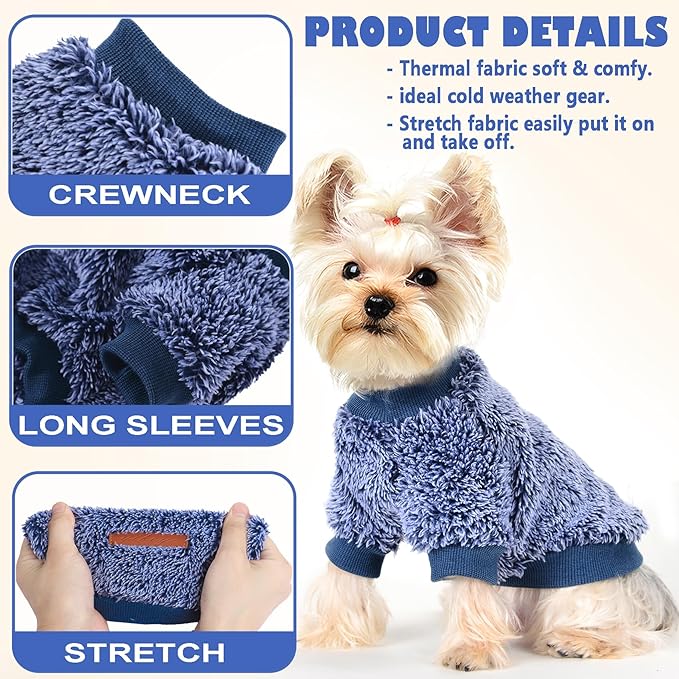 Fleece Dog Sweater Soft Fuzzy Warm Clothes for Small Dogs Girl Boy Soft Winter Coat Flannel Puppy Jacket Pet Clothes Outfit Sweater for Chihuahua, Bulldog, Dachshund(XS,Navy Blue)