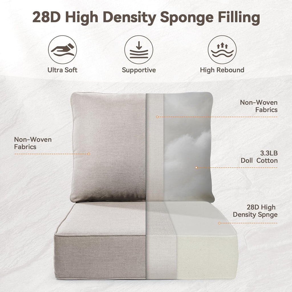 6" Thick Outdoor Cushions 22x24x6, 2-Set Deep Seat Patio Cushions with Removable Cover, Waterproof & Fade Resistant Replacement for Wicker Chair, Loveseat, Sofa - Beige
