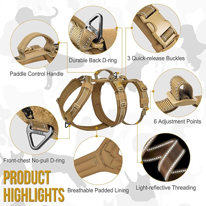 OneTigris Dog Harness No Pull, Adjustable Tactical Harness with Soft Padding, Y-Shaped Reflective Easy Walk Dog Harness for Medium and Large Dogs