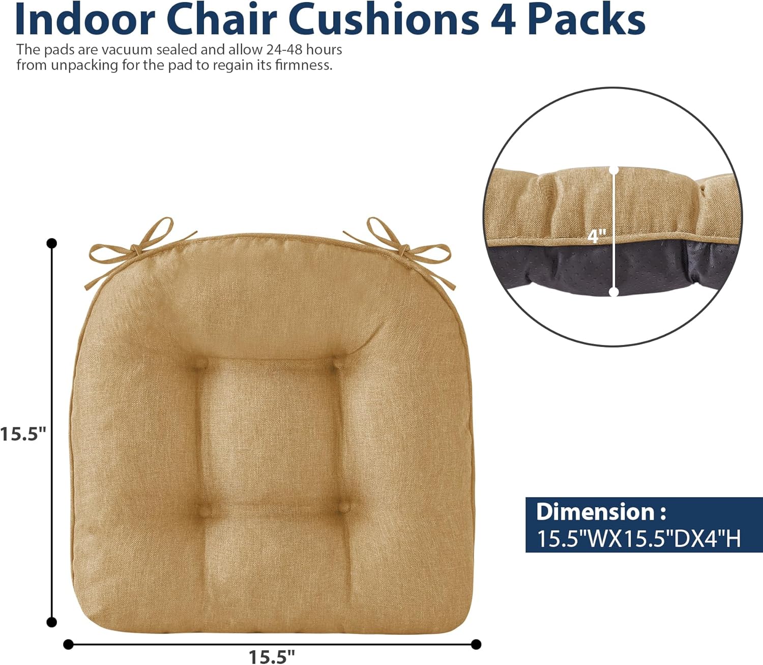 Chair Cushions for Dining Chairs, Seat Cushions for Kitchen Chairs, Indoor Seat Cushions with Ties, Tufted Foam Chair Pads, Non Slip Chair Cushions Set of 4, 15.5" x 15.5" x 4", Khaki