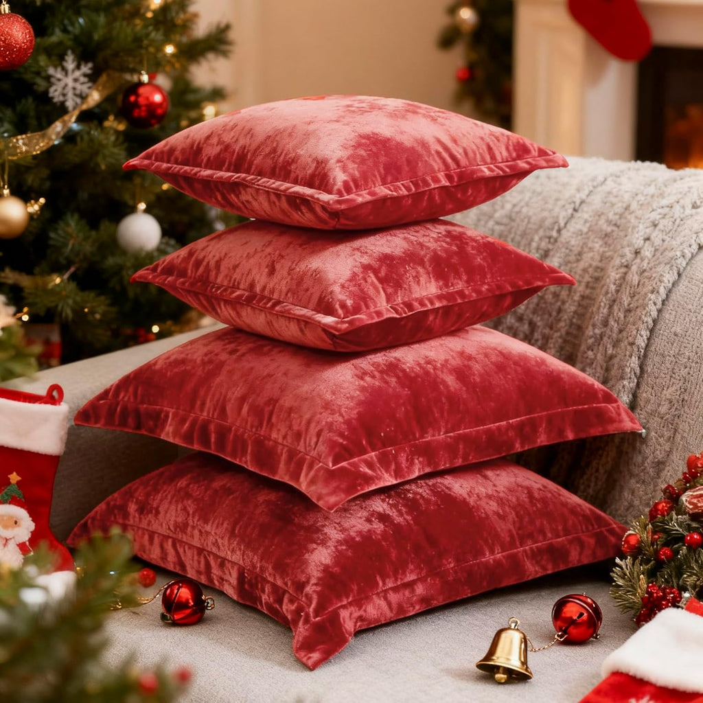 Luxurious Velvet Euro Shams Decorative Throw Pillow Covers 26x26 Set of 2 Solid Square Euro Pillow Shams for Sofa Couch Bedroom, Red