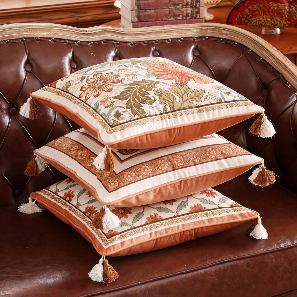 Velvet Square Vintage Throw Pillow Covers,Orange Floral with Wild Flowers Pattern Cozy Pillowcases,Decoration Pillows Cover for Couch Sofa Bed Car Chair Thanksgiving,18"x18"