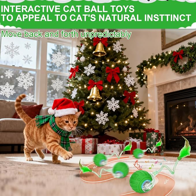 BABORUI Interactive Cat Toy Ball - Automatic Christmas Cat Toys for Indoor Cats with 5 Tails, 2 Speeds Rechargeable Cat Enrichment Toys for Small/Medium/Large Cats to Keep Them Busy