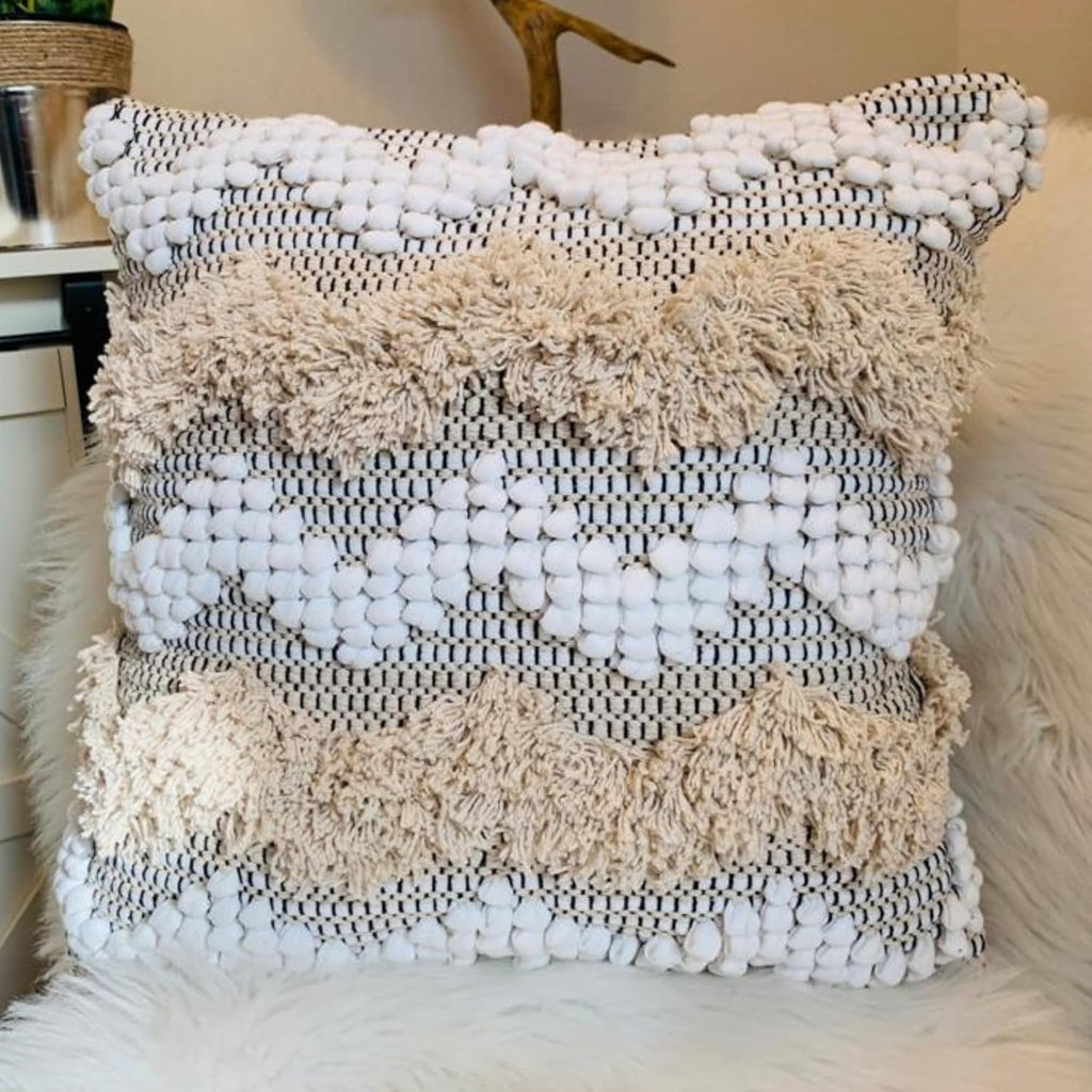 Throw Boho Pillow Cover, 18”x18” Bohemian Moroccan Rustic Decorative Pillows with Tufted Accents, Plush Handwoven Cotton, Textured Woven Neutral Farmhouse Scandinavian Home Decor (no Insert)
