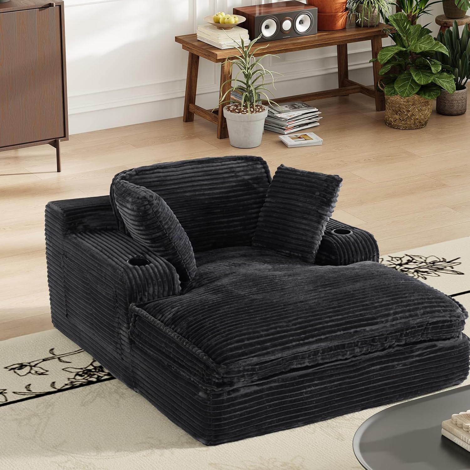 67" Chaise Lounge Chair Indoor, Cozy Oversized Fluffy Sofa with Cup Holders & Throw Pillows, Boneless Sleeper Cloud Couch for Living Room, Movie Room and Apartments, Black