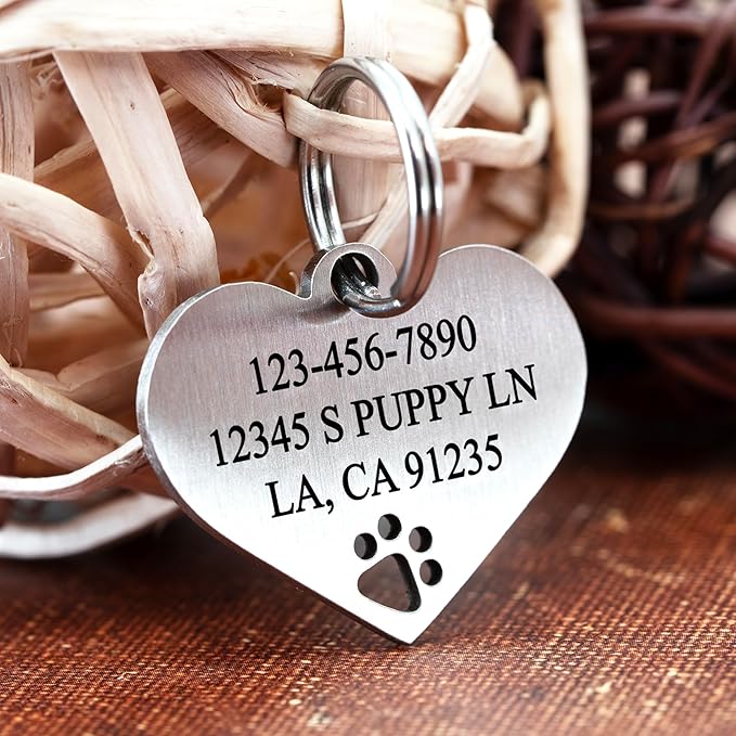 Ultra Joys Dog Tags Personalized for Pets - Hollow Paw Custom Pet ID Tag - Engraved Dog Tag for Small, Large Dogs - Large Heart in Silver