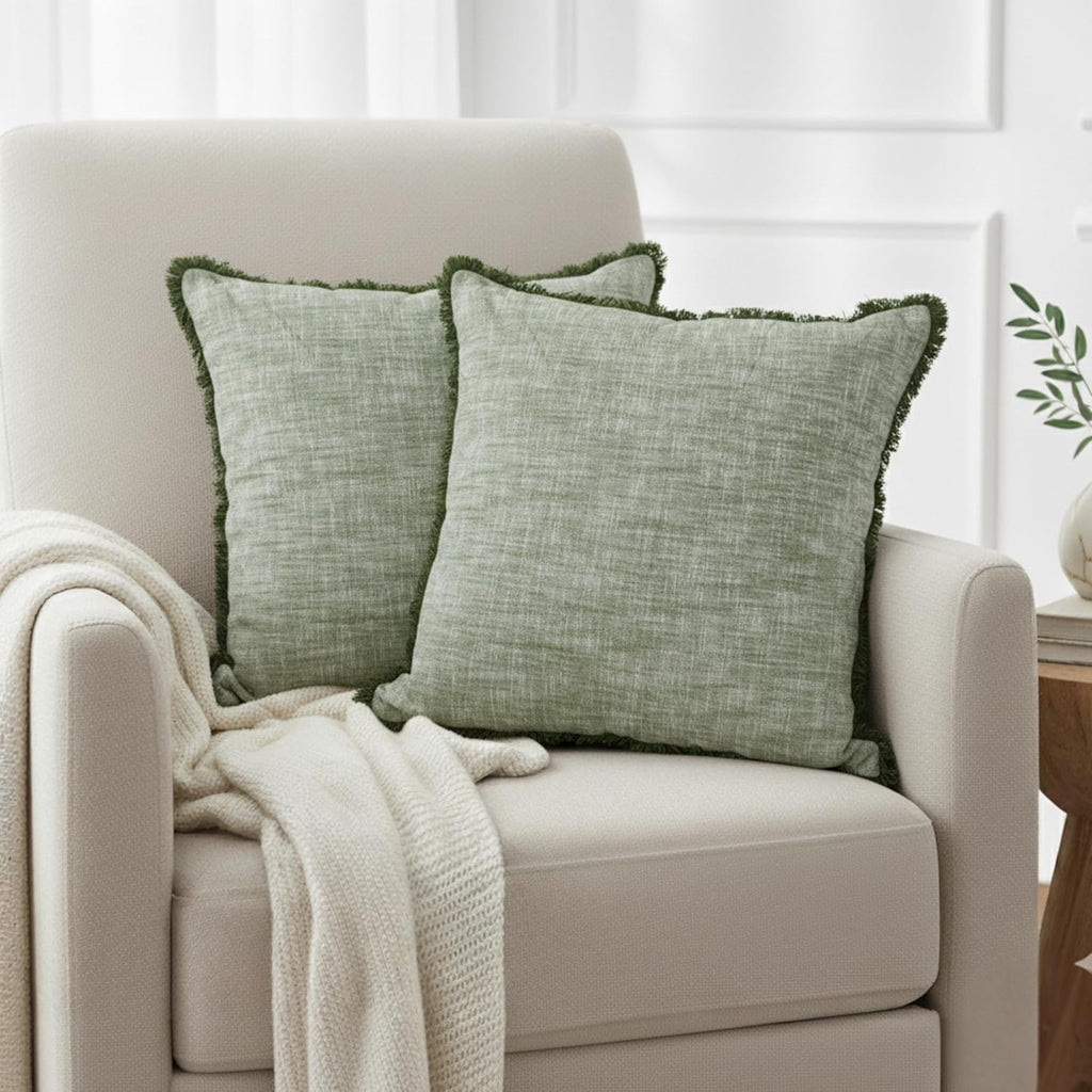 16×16 Textured Cotton Throw Pillow Covers with Decorative Fringed Edge Boho Farmhouse Cushion Covers with Tassels Linen Like Accent Pillowcases for Bed Couch Chair Sofa Living Room,Green Set of 2