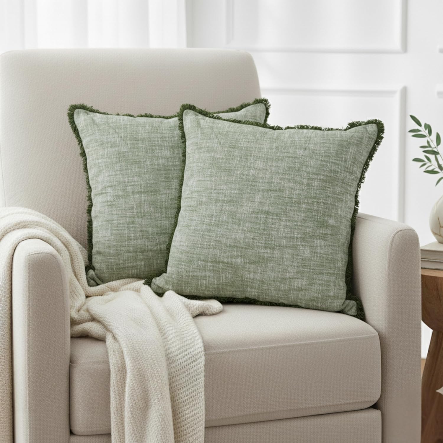 16×16 Textured Cotton Throw Pillow Covers with Decorative Fringed Edge Boho Farmhouse Cushion Covers with Tassels Linen Like Accent Pillowcases for Bed Couch Chair Sofa Living Room,Green Set of 2