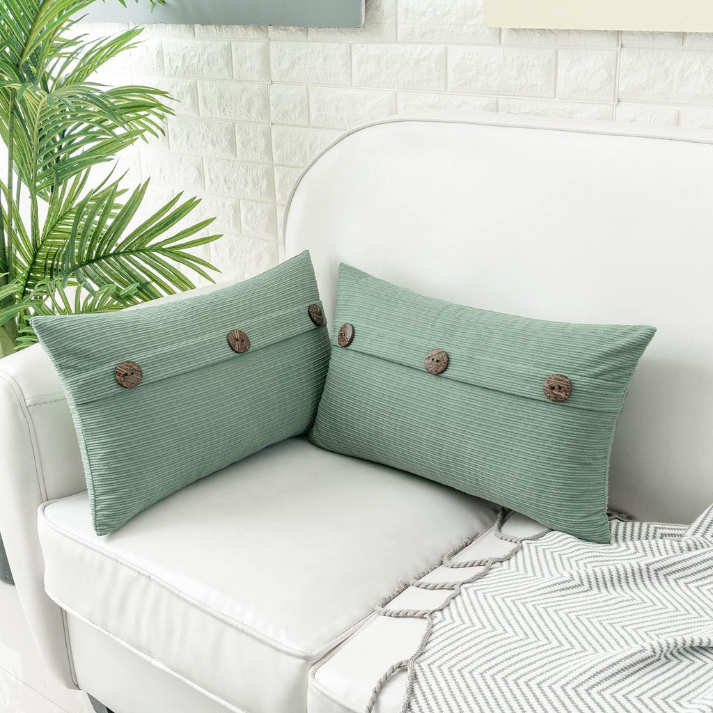 HWY 50 Sage Green Chenille Throw Pillow Covers 12x20 Inch with Triple Buttons, Soft Spring Farmhouse Accent Decorative Cushion Cases for Couch Sofa Bed Living Room Pack of 2 Rectangle