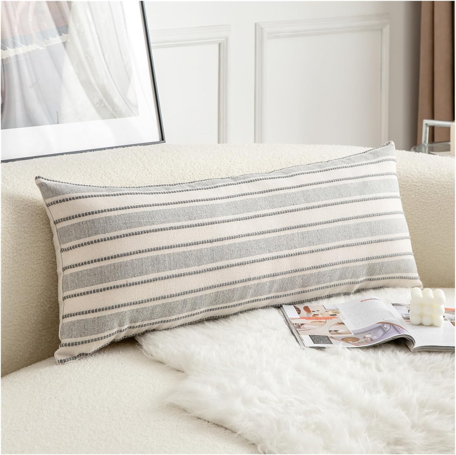 Decorative Boho Lumbar Pillow Covers, Modern Farmhouse Couch Pillowcase, 14 x 36 Long Accent Body Throw Pillow Covers, Sofa Bed Living Room Decor Cushion Case, Grey and Beige, Pack of 1