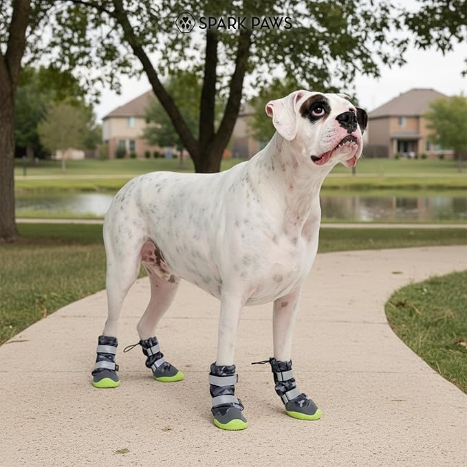 Spark Paws Dog Shoes, Waterproof Dog Boots for Medium to Large Dogs, Non Slip, Breathable Dog Booties and Paw Protectors - 4PCS Doggie Hiking Boots with Reflective Straps, Gray Camo, Size 6