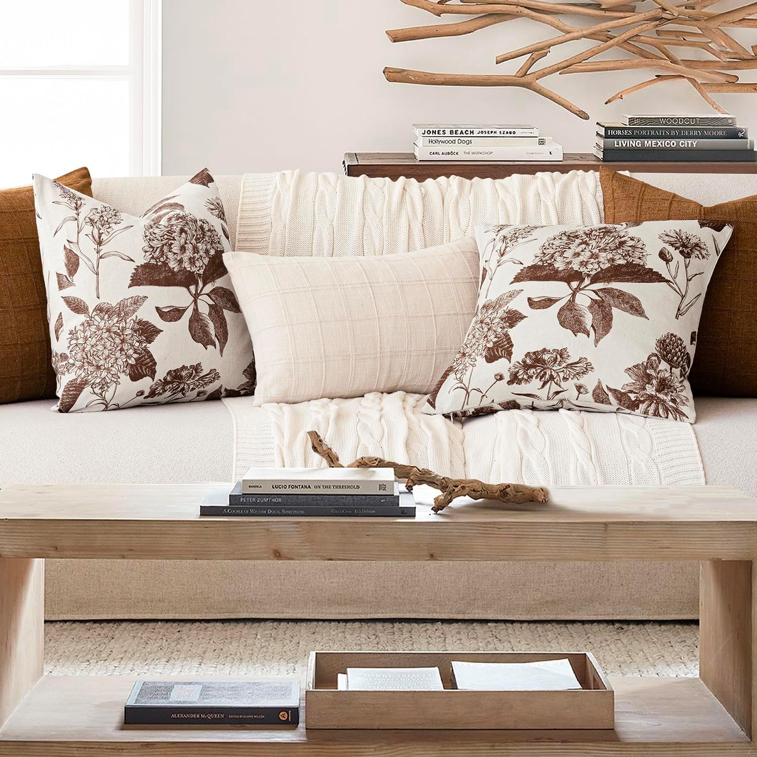 Foindtower Set of 2 Linen Floral Throw Pillow Covers Vintage Accent Print Decorative Cushion Covers Farmhouse Boho Home Decor for Sofa Chair Couch Bedroom Living Room,24×24 Inch,Dark Brown