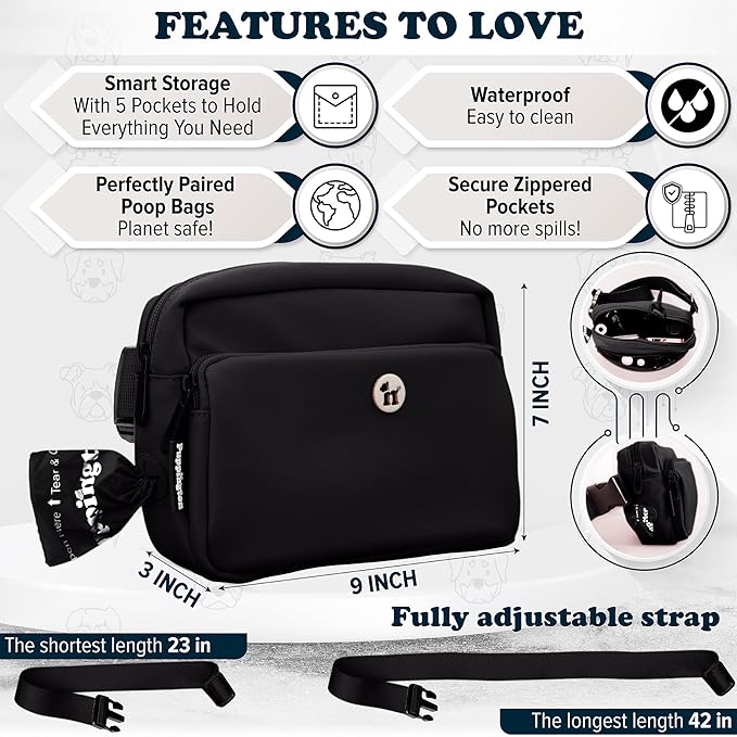 Puppington 3-in-1 Crossbody Dog Walking Bag & Treat Pouch with Matching Planet Safe Poop Bags & Built-In Dispenser - Dog Mom Gift for Puppy Training with Zippered Pockets (Onyx Black)