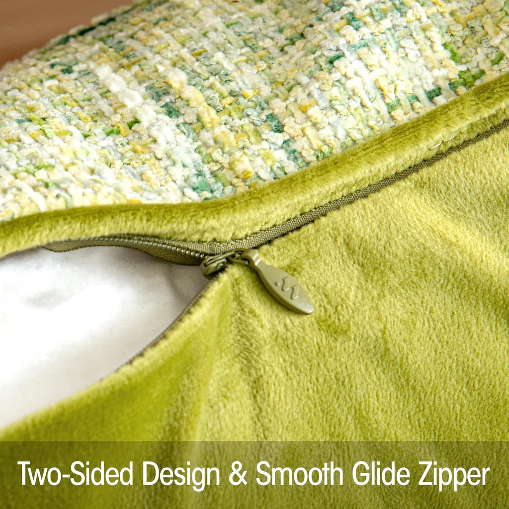 a moment Green Reversible Pillow Covers 2 Pack - Farmhouse Chenille Throw Pillows, Neutral Textured Decorative Throw Pillow Covers with Border for Couch Sofa Bed (18x18 Inch, No Insert)