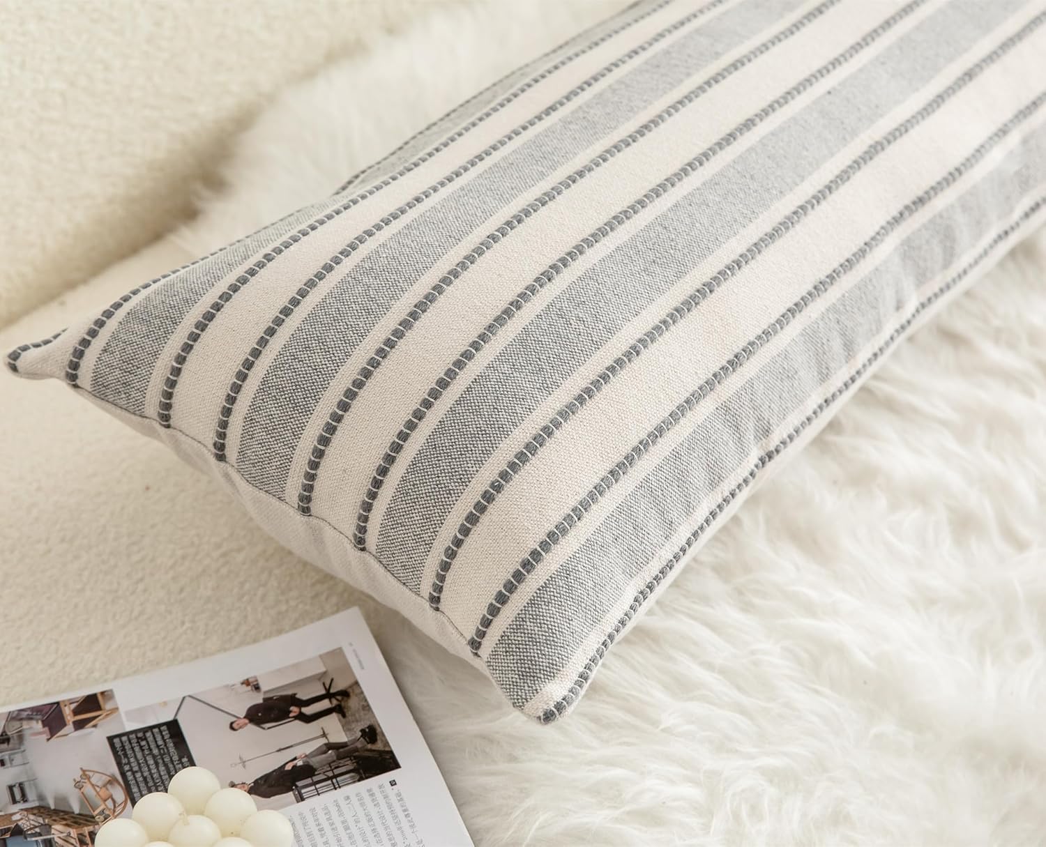 Decorative Boho Lumbar Pillow Covers, Modern Farmhouse Couch Pillowcase, 14 x 36 Long Accent Body Throw Pillow Covers, Sofa Bed Living Room Decor Cushion Case, Grey and Beige, Pack of 1