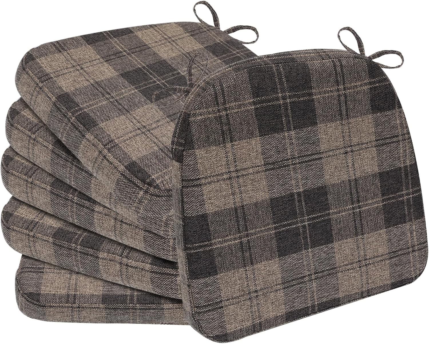 AAAAAcessories D-Shaped Chair Cushions, 2" Thick Dining Chair Pads with Ties and Removable, Machine-Washable Cover, 17" x 16", Set of 6, Brown Checkered