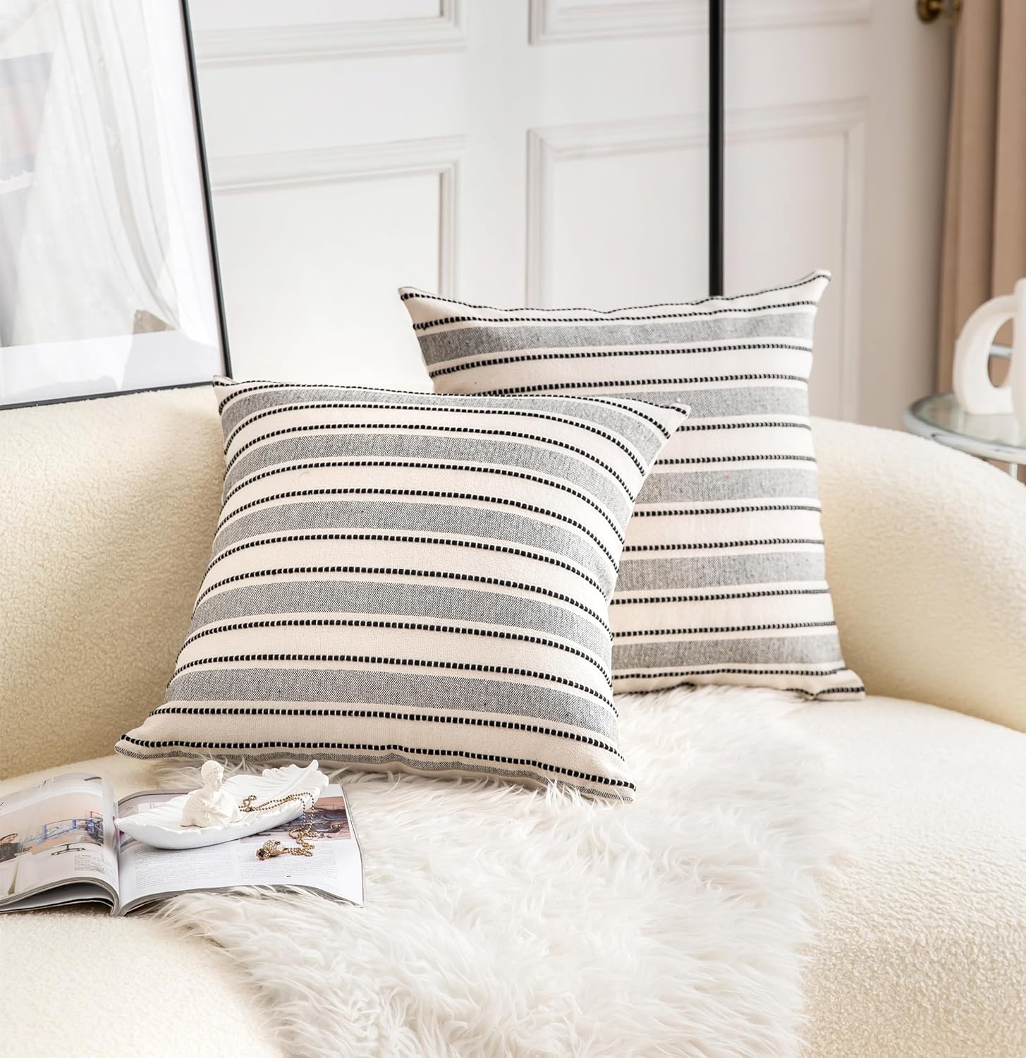 Decorative Boho Throw Pillow Covers, Farmhouse Textured Pillow Case, 22 x 22 Inch Set of 2, Chair Sofa Bedroom Living Room Home Decor Couch Cushion Case, Black and Beige Striped