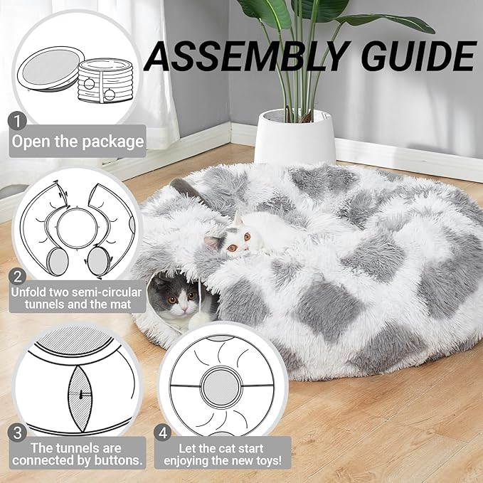 LUCKITTY Warm Fluffy Plush Cat Dog Tunnel Bed with Washable Cushion- Big Tube Playground Toys 3 FT Diameter Collapsible, for Indoor Cat Kitty Kitten Puppy Rabbit Ferret Gray-White Diamond Pattern