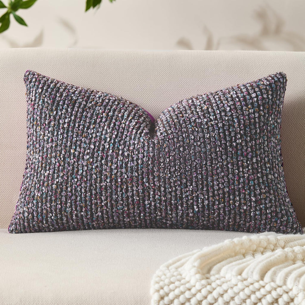 Decorative Lumbar Pillow Cover 12x20 Purple Striped Soft Wool Lumbar Throw Pillow Neutral Textured Boho Cushion Covers for Modern Farmhouse Sofa Bedroom Living Room Decor SY011-E12