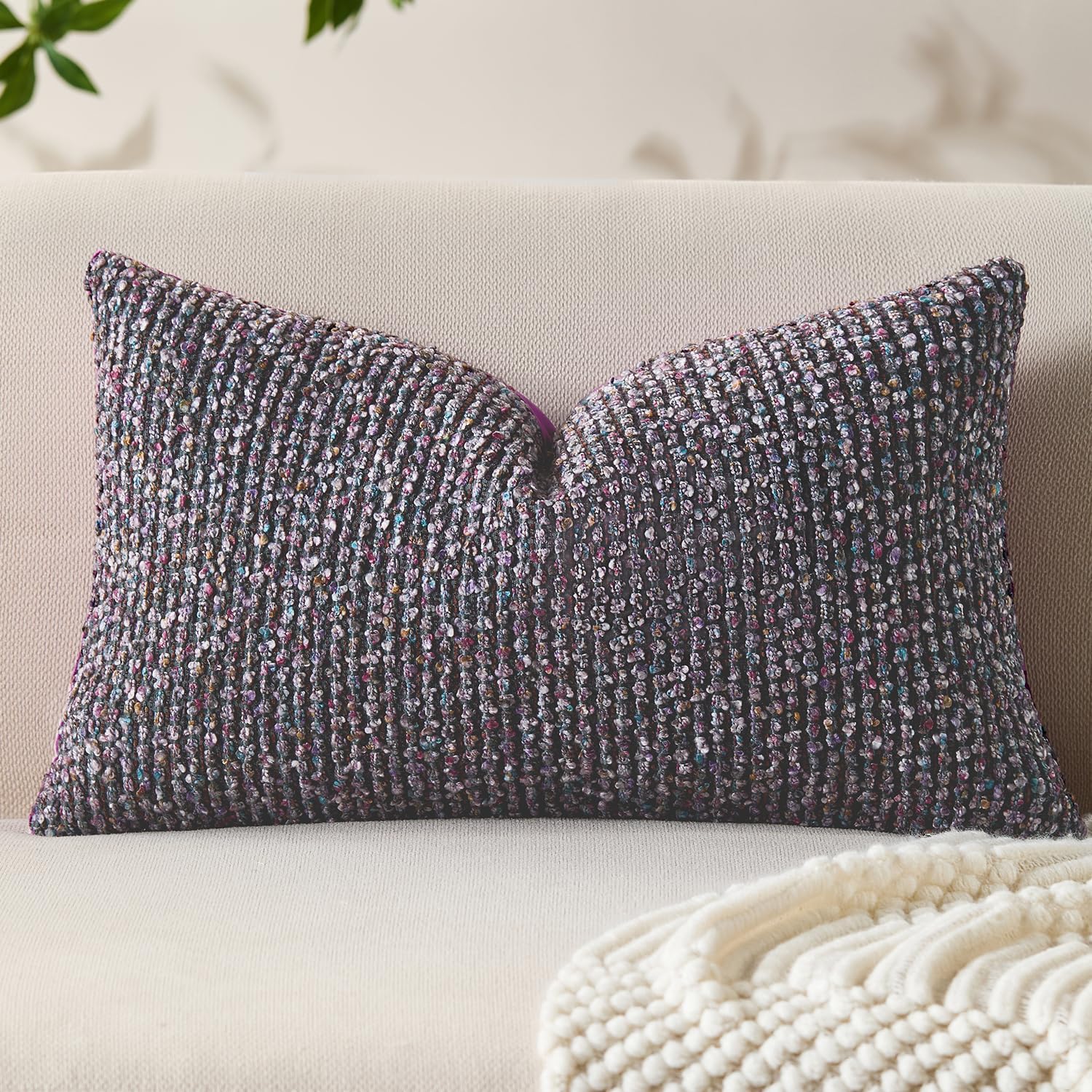 Decorative Lumbar Pillow Cover 12x20 Purple Striped Soft Wool Lumbar Throw Pillow Neutral Textured Boho Cushion Covers for Modern Farmhouse Sofa Bedroom Living Room Decor SY011-E12