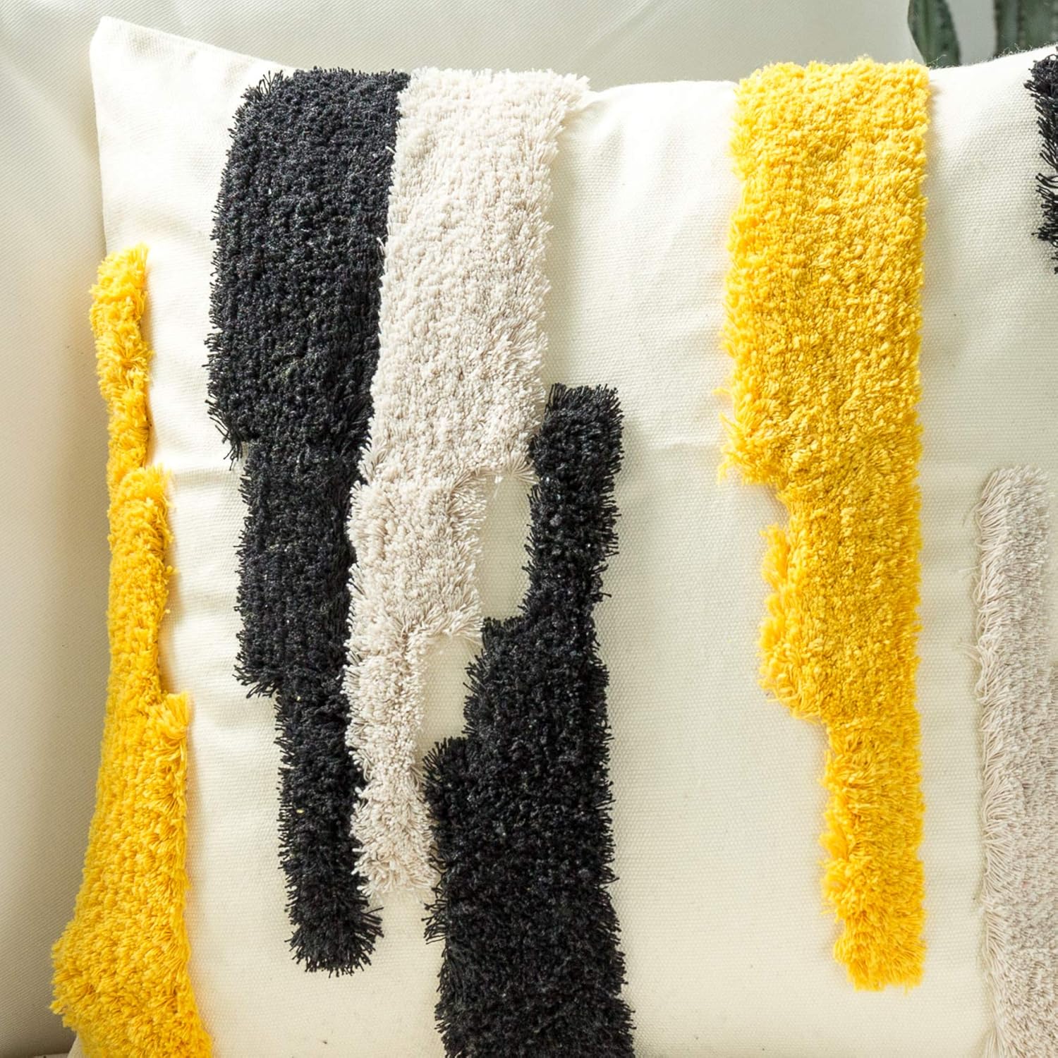 Woven Tufted Boho Throw Pillow Cover, Modern Decorative Geometric Irregular Black Ivory Yellow Striped Lines Cushion, Farmhouse Tribal Pillowcases for Couch Sofa Bedroom Living Room, 18 x 18 Inches