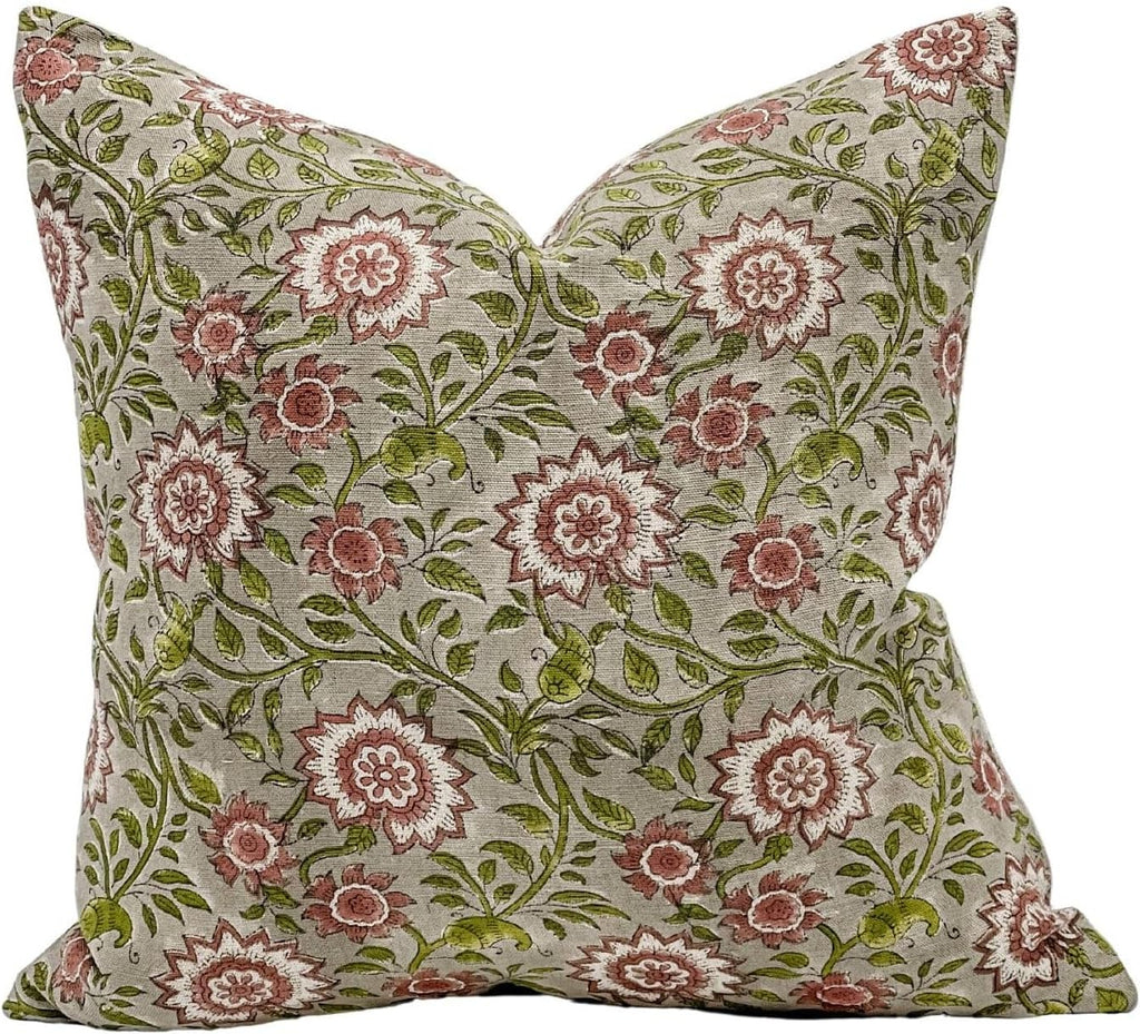 Designer Flowers Printed on Natural Linen Pillow Cover | Grey Green and Dusty Rose Pillow | Boho Pillow, Decorative Throw Pillow Covers, Floral Pillow (Green & Rose, 14x42)