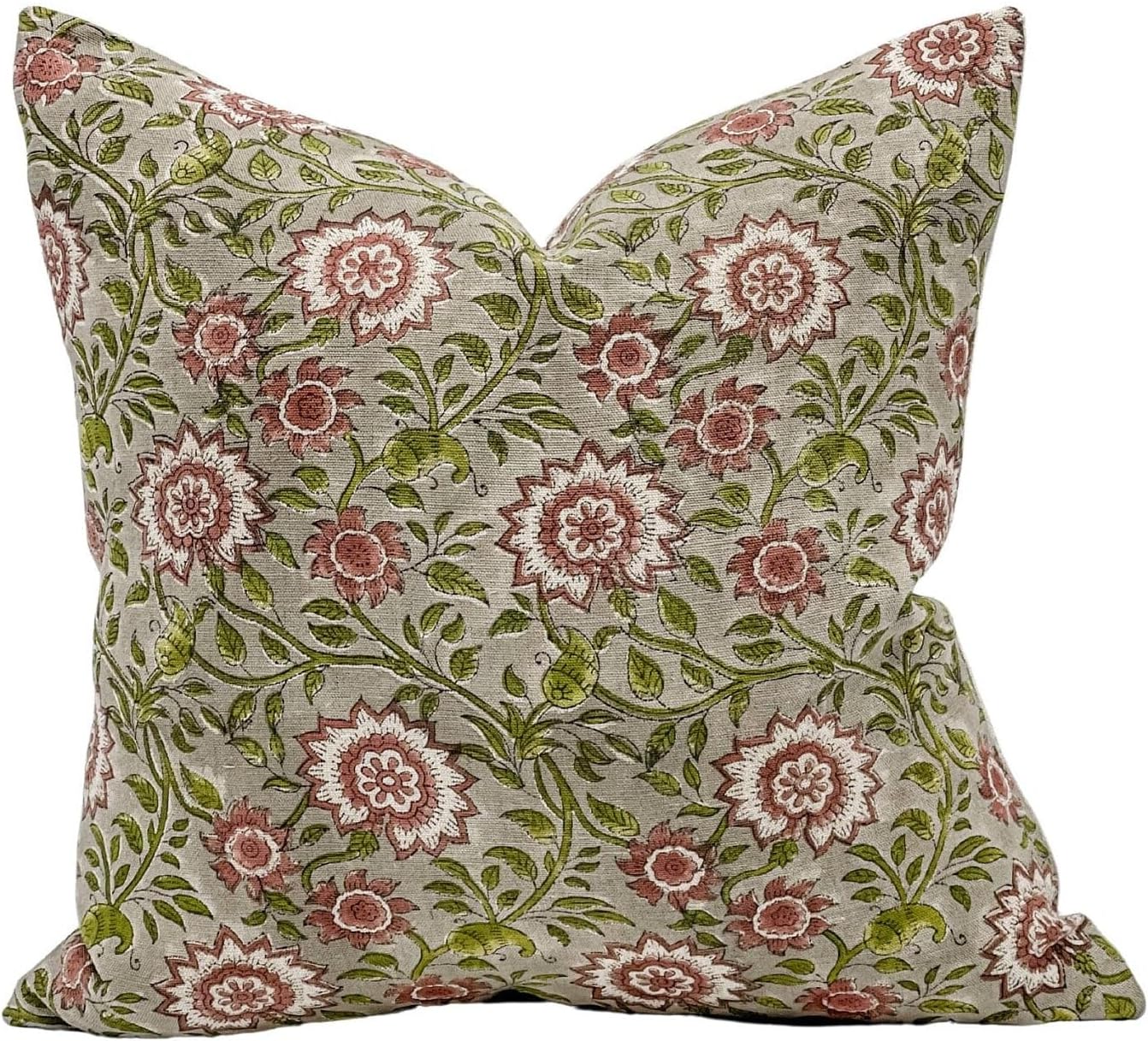 Designer Flowers Printed on Natural Linen Pillow Cover | Grey Green and Dusty Rose Pillow | Boho Pillow, Decorative Throw Pillow Covers, Floral Pillow (Green & Rose, 10x14)