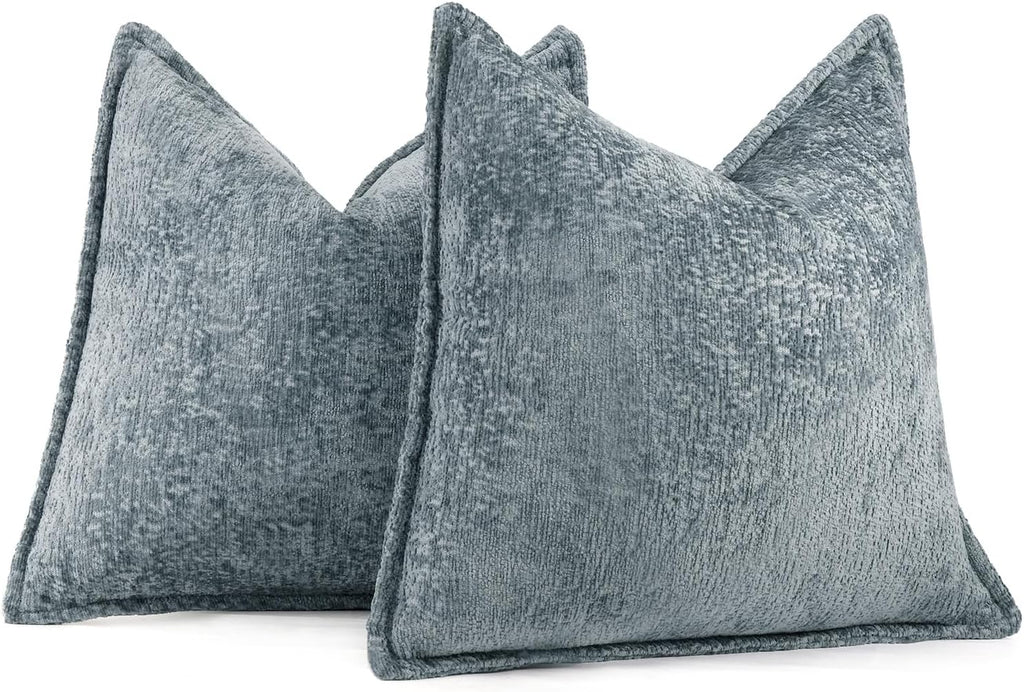 Pack of 2 Dusty Blue Decorative Throw Pillow Covers 18x18 Cozy Soft Chenille Boho Accent Vintage Farmhouse Square Couch Pillow Covers for Home Decor Bed Sofa Living Room