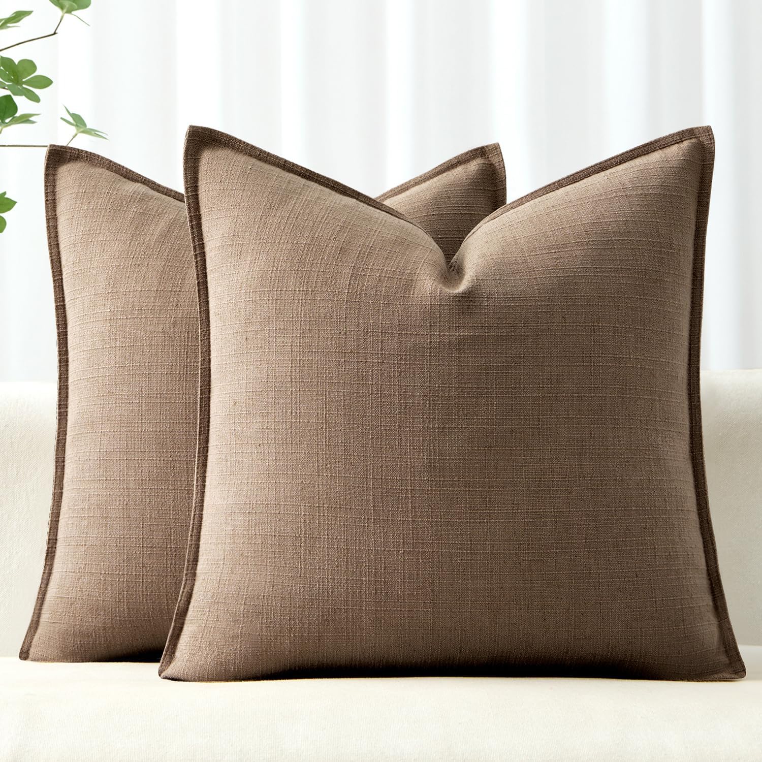 MIULEE Decorative Pillow Covers 22x22, 2 Pack Boho Farmhouse Neutral Throw Pillows for Couch, Thick Textured Modern Linen Cushion Cases Sofa Bed Living Room Home Decor, Coco Brown
