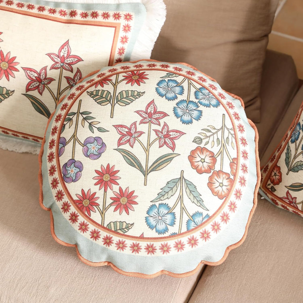 Round Throw Pillow Covers,Cottage Rustic Farmhouse with Wild Flowers Pattern Linen Pillowcases,Decorative Pillows Cushion Cover for Couch Sofa Bed Chair Car,Diameter 16"