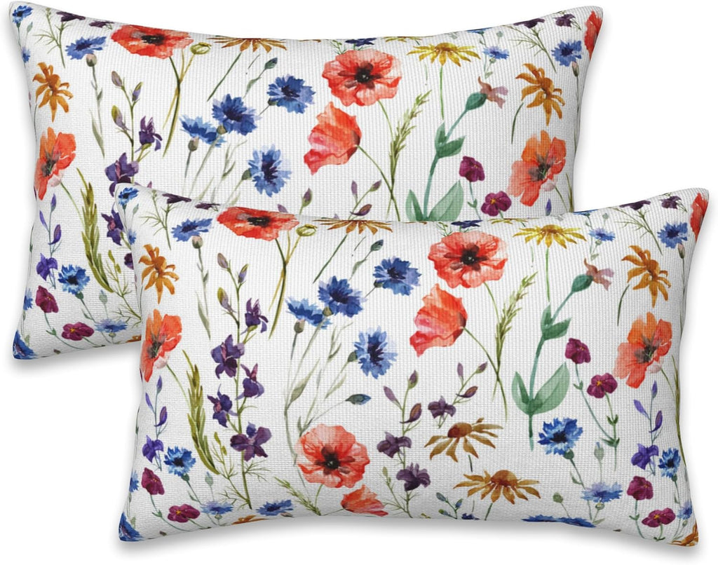 Wildflowers Throw Pillow Covers Set of 2 Watercolor Poppy Pillow Covers 20x12 Inch Modern Farmhouse Home Decorative Pillow Cases Cushion Cover for Sofa Living Room Office