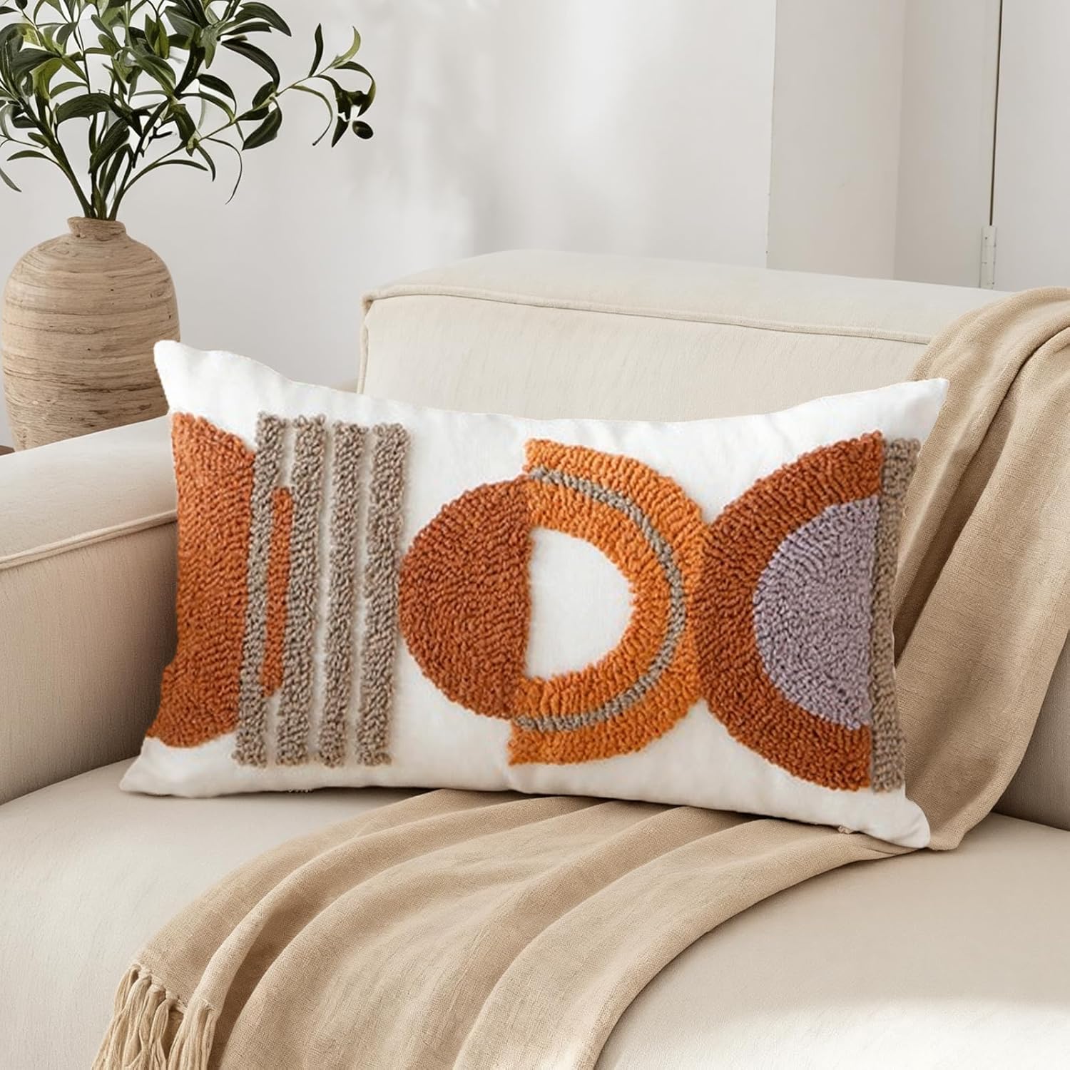 1Pc Boho Tufted Lumbar Pillow Cover 12x 20, Minimalism Rustic Neutral Abstract Linen Pillow Cushion Case,Geometric Home Decor for Outdoor Couch Bedroom Car Rust…