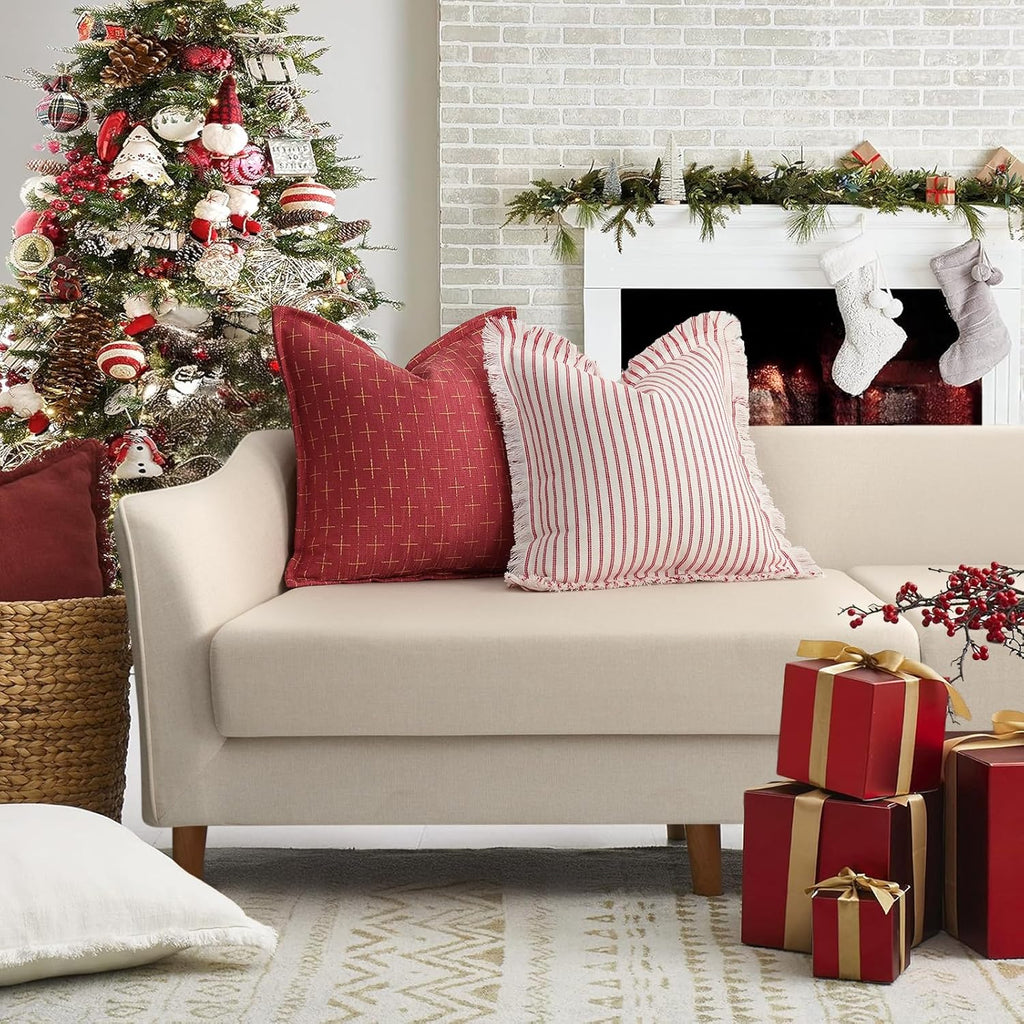 ZWJD Throw Christmas Pillow Covers 24x24 Set of 2 Striped Pillow Covers with Fringe Chic Cotton Decorative Pillows Square Cushion Covers for Sofa Couch Bed Living Room Farmhouse Decor