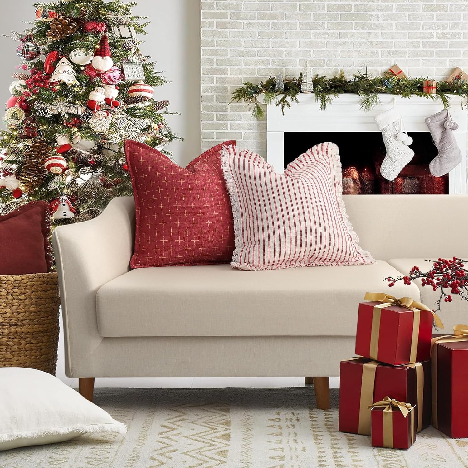 ZWJD Throw Christmas Pillow Covers 24x24 Set of 2 Striped Pillow Covers with Fringe Chic Cotton Decorative Pillows Square Cushion Covers for Sofa Couch Bed Living Room Farmhouse Decor