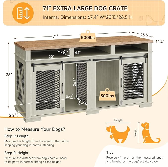 71" Dog Crate Furniture for 2 Dogs, Dog Kennel with 3 Storage Drawers & Removable Divider, Extra Large Double Dog Cage As TV Stand, Furniture Style Dog Crates with Sliding Barn Door, Light Oak/White