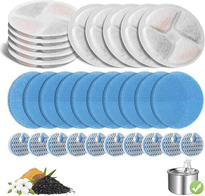 10 Pack Cat Fountain Filter Replacement for Round 2.2L/73oz Automatic Pet Water Fountain, Stainless Steel Cat Water Fountain Filters, Triple Filtration System, Activated Carbon Filters