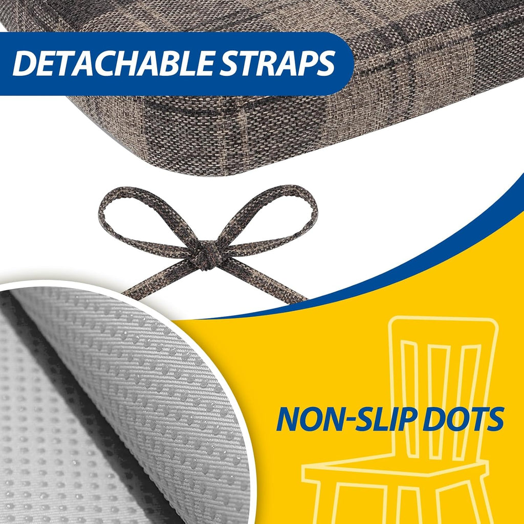 AAAAAcessories D-Shaped Chair Cushions, 2" Thick Dining Chair Pads with Ties and Removable, Machine-Washable Cover, 17" x 16", Set of 2, Brown Checkered