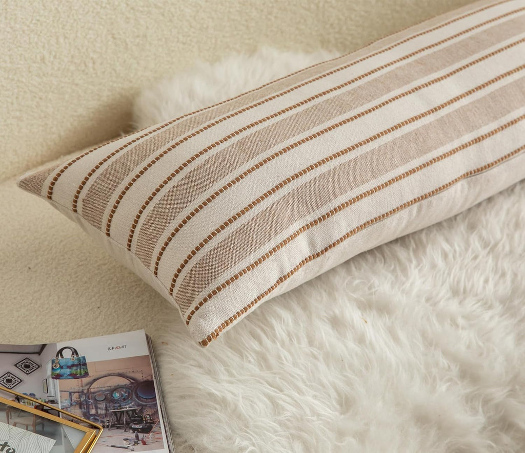 Decorative Boho Lumbar Pillow Covers, Modern Farmhouse Couch Pillowcase, 14 x 36 Long Accent Body Throw Pillow Covers, Sofa Bed Living Room Decor Cushion Case, Brown and Beige, Pack of 1