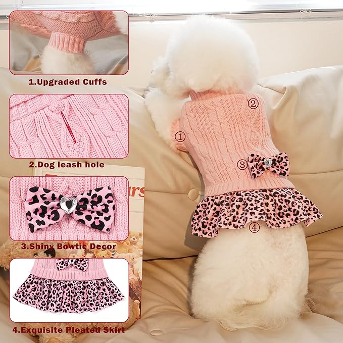 WOYYHO Girl Dog Sweater Dress with Bowtie Turtleneck Small Dogs Sweater with Leash Hole, Knitted Small Dog Sweaters Dress Puppy Winter Clothes for Yorkies Chihuahua (S, Pink Leopard)