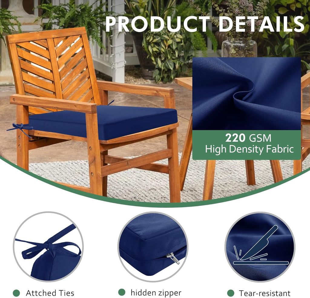 Outdoor Chair Cushions Set of 6: Waterproof & Fade Resistant Seat Cushion for Patio Furniture - 19 x 19 x 2 Inch Chair Pads with Ties and Hidden Zipper - Patio Chair Cushion Replacement, Navy