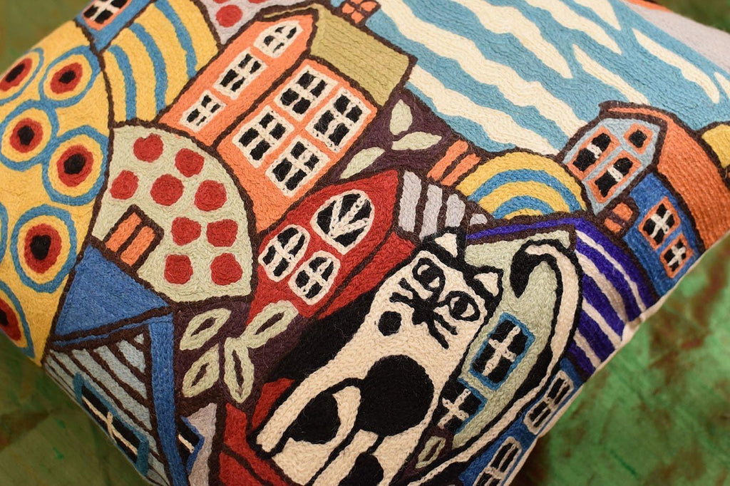 Blue Coastal Throw Pillow Cover | Karla Gerard Seaside Cat Pillow | Folklore Pillowcase | Nautical Chair Cushion | Flower Couch Pillow | Hand Embroidered Cushions Wool Size - 18x18