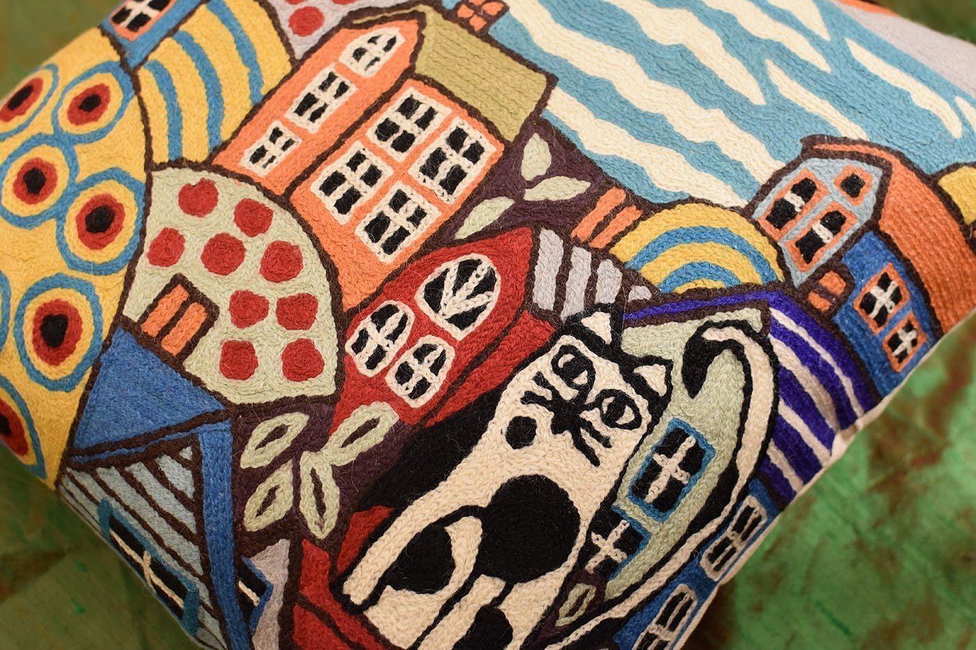 Blue Coastal Throw Pillow Cover | Karla Gerard Seaside Cat Pillow | Folklore Pillowcase | Nautical Chair Cushion | Flower Couch Pillow | Hand Embroidered Cushions Wool Size - 18x18