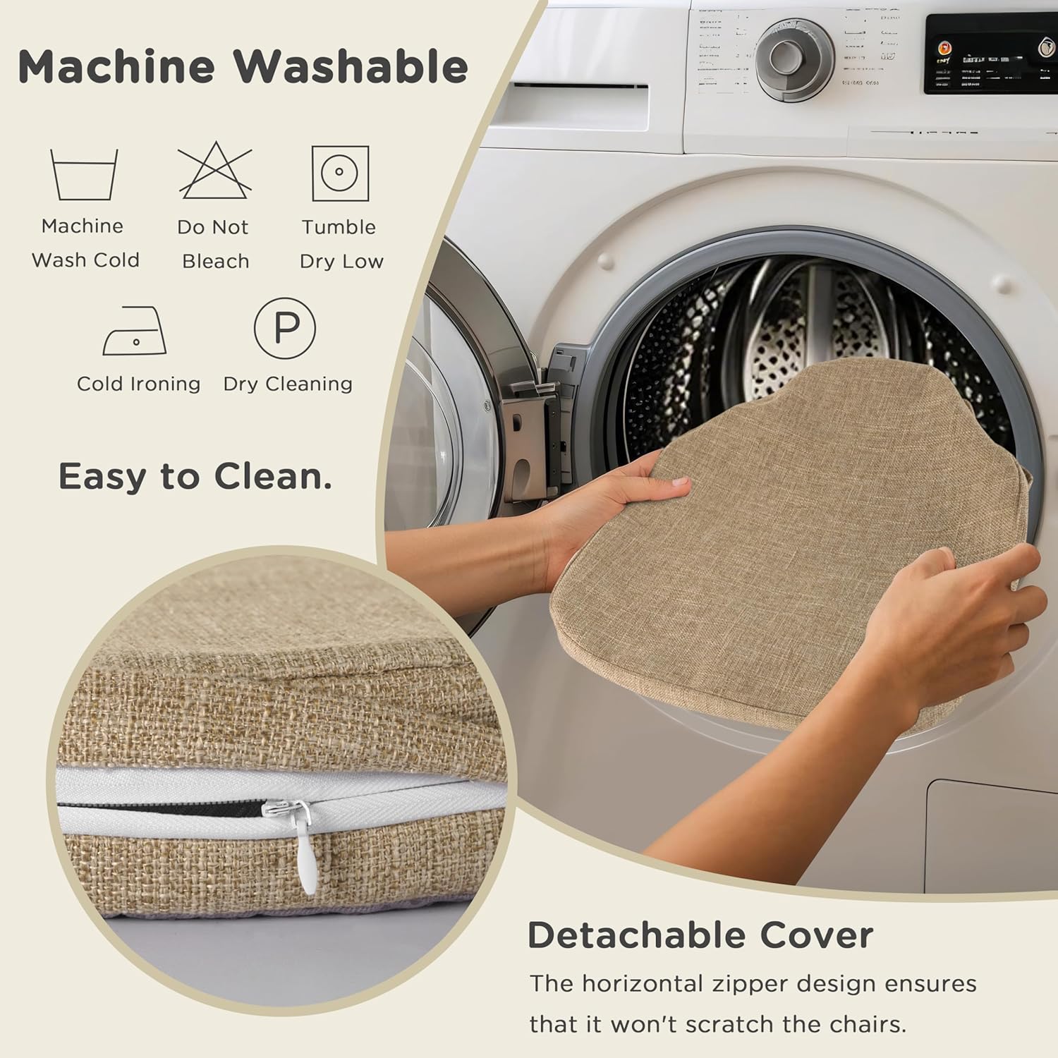 AddGrace Chair Cushions for Dining Chairs Set of 6 Windsor Kitchen Chair Cushions with Removable Textured Cover and Non Slip Bottom Indoor Chair Pads with Ties and Foam (16.5x15.5 Inches Beige)