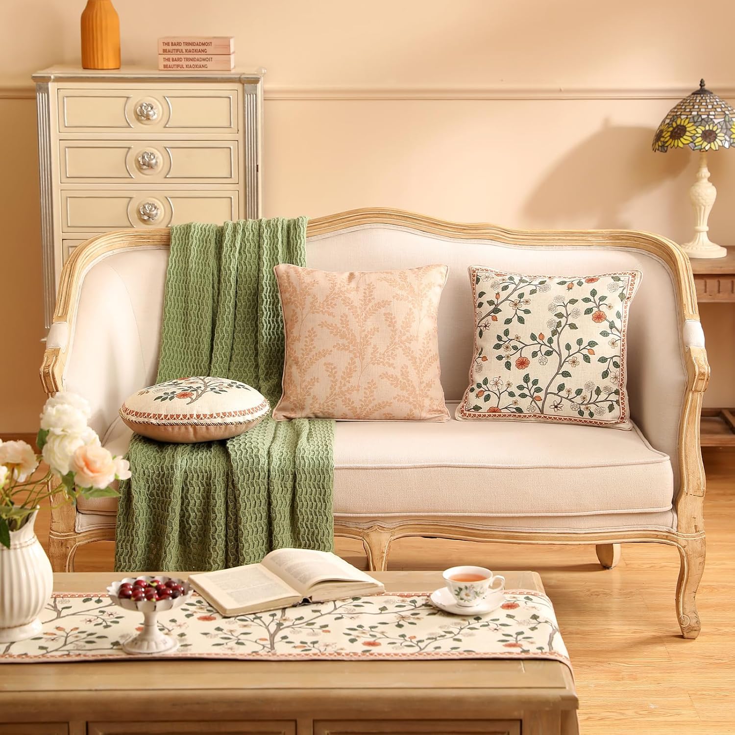 ISAENNE Design Linen Classic Throw Pillow Covers 18"x18", French Farmhouse Square Cushion Covers with Beige Branch Floral Pattern Decoration Pillowcases for Bed,Living Room,Outdoor,Car